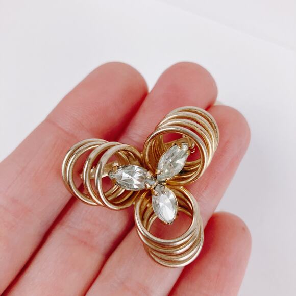 Vintage Mid Century Brooch Wire Loop Marquise Rhinestones Atomic Gold Tone - Picture 2 of 10